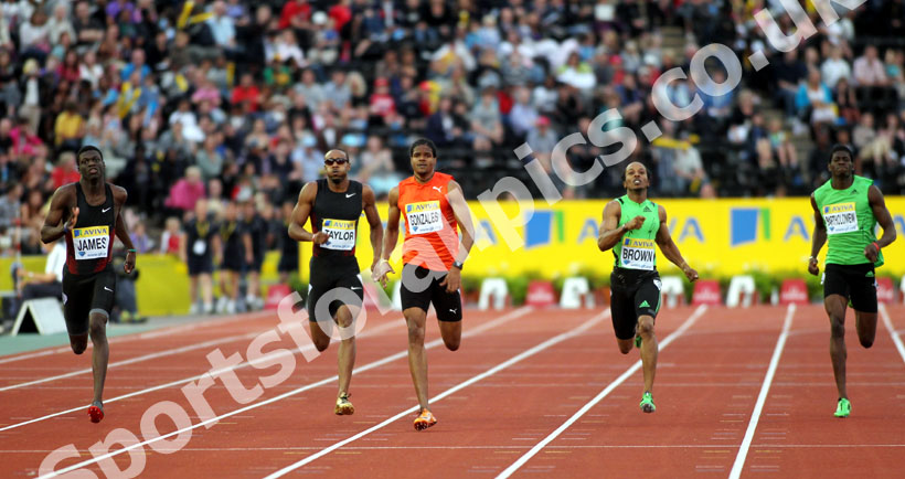 From left to right: winner Kirani James, Angelo Taylor, Jermaine Gonzales, Christopher Brown, Rondell Bartholomew, 400 metres, 2011 Aviva London Grand Prix